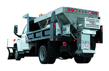 Rear view of white truck with stainless steel salt spreader body and plow frame at the front