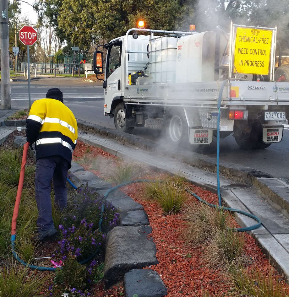 Worker steaming weeds in a garden strip beside a truck with a chemical-free weed control sign