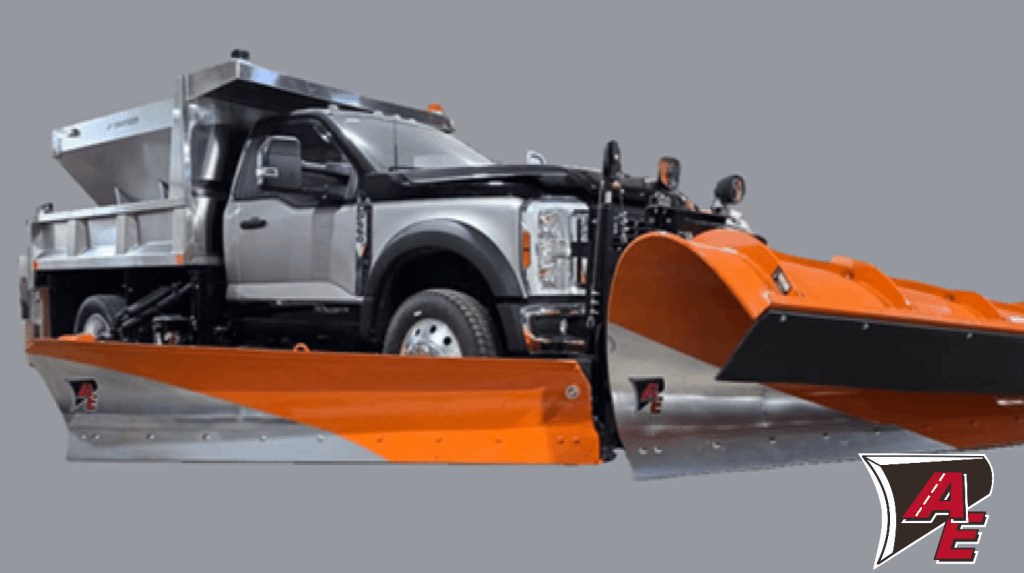 Gray dump truck with spreader body and orange one-ton snow plow with Allied Equipment badge
