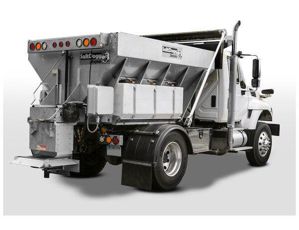 White truck with a stainless steel Buyers SaltDogg hopper spreader on a white background